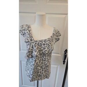 Dolan Left Coast Craft Collection Ruffle Square Neck Top Black White Textured M